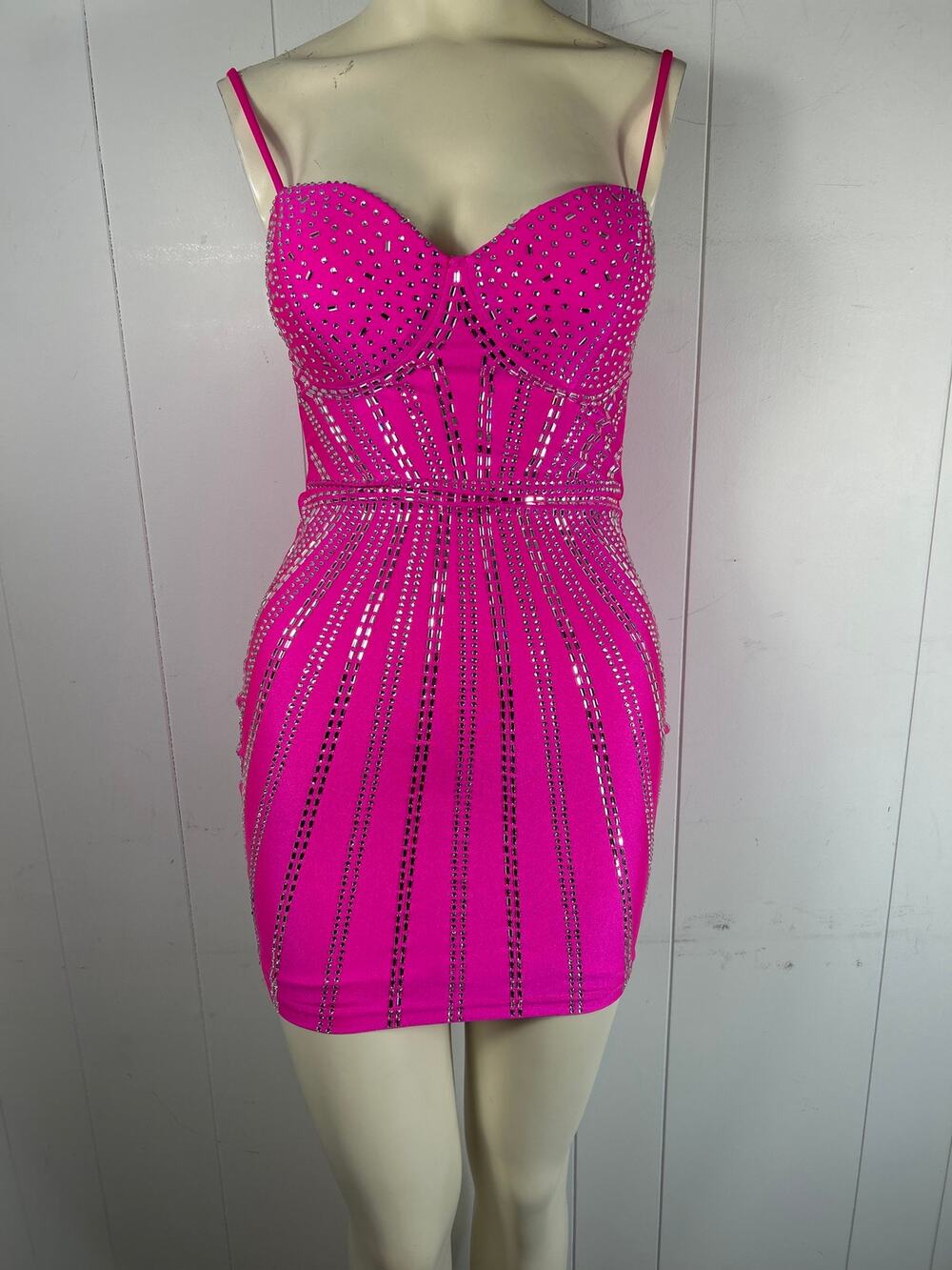 Windsor Women's Teens Hot Pink Rhinetone Studded Homecoming Bodycon Mini Dress S